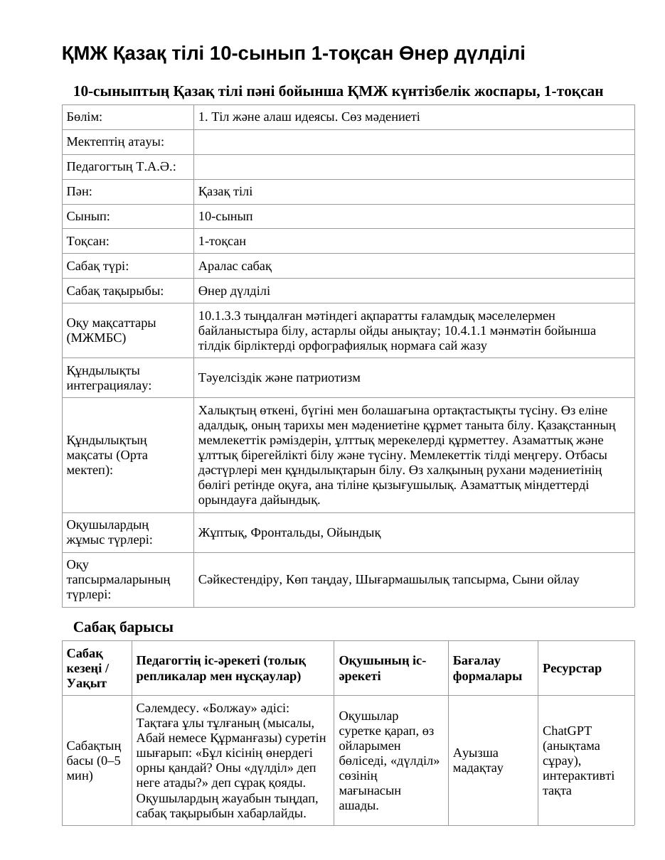 ҚМЖ Қазақ тілі 10-сынып 1-тоқсан Өнер дүлділі