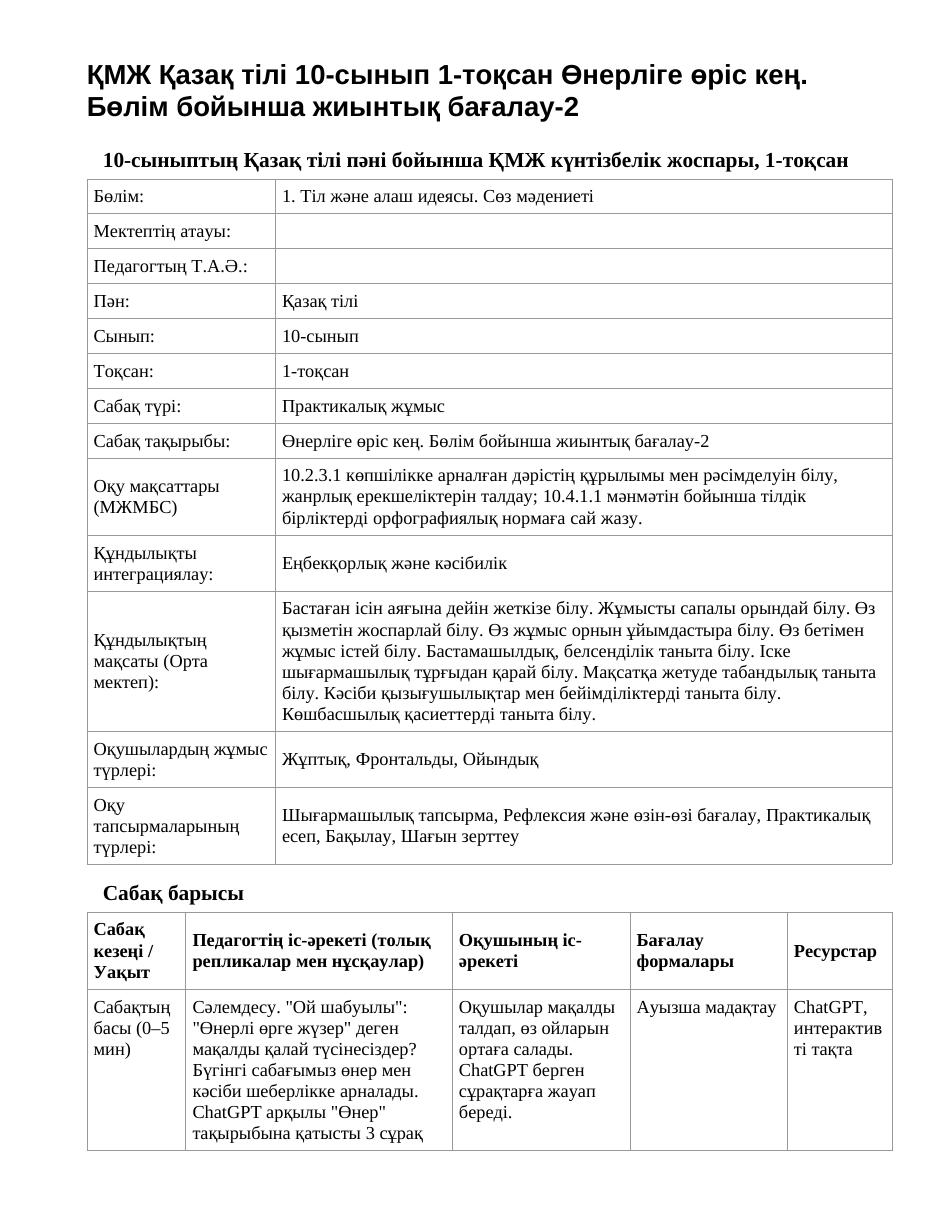 ҚМЖ Қазақ тілі 10-сынып 1-тоқсан Өнерліге өріс кең. Бөлім бойынша жиынтық бағалау-2
