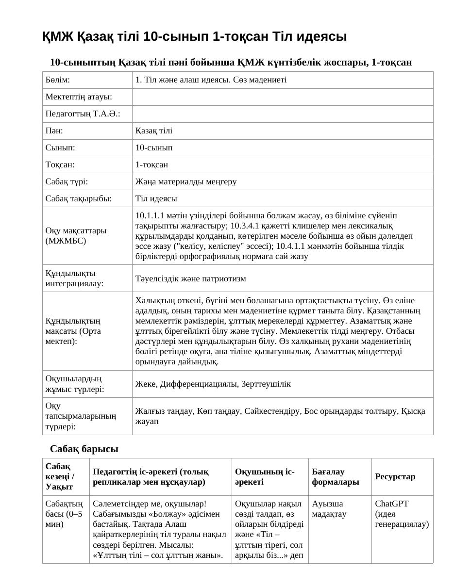 ҚМЖ Қазақ тілі 10-сынып 1-тоқсан Тіл идеясы