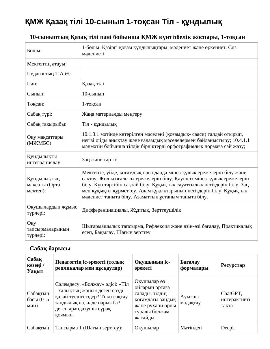ҚМЖ Қазақ тілі 10-сынып 1-тоқсан Тіл - құндылық