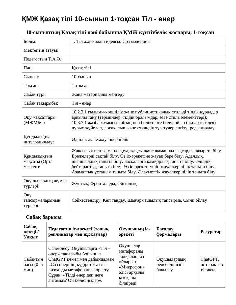 ҚМЖ Қазақ тілі 10-сынып 1-тоқсан Тіл - өнер