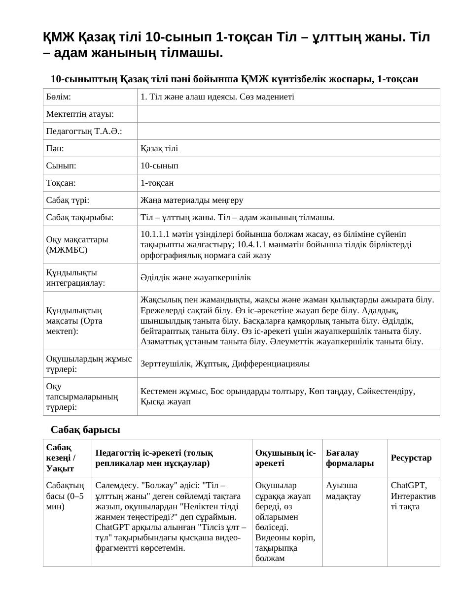 ҚМЖ Қазақ тілі 10-сынып 1-тоқсан Тіл – ұлттың жаны. Тіл – адам жанының тілмашы.