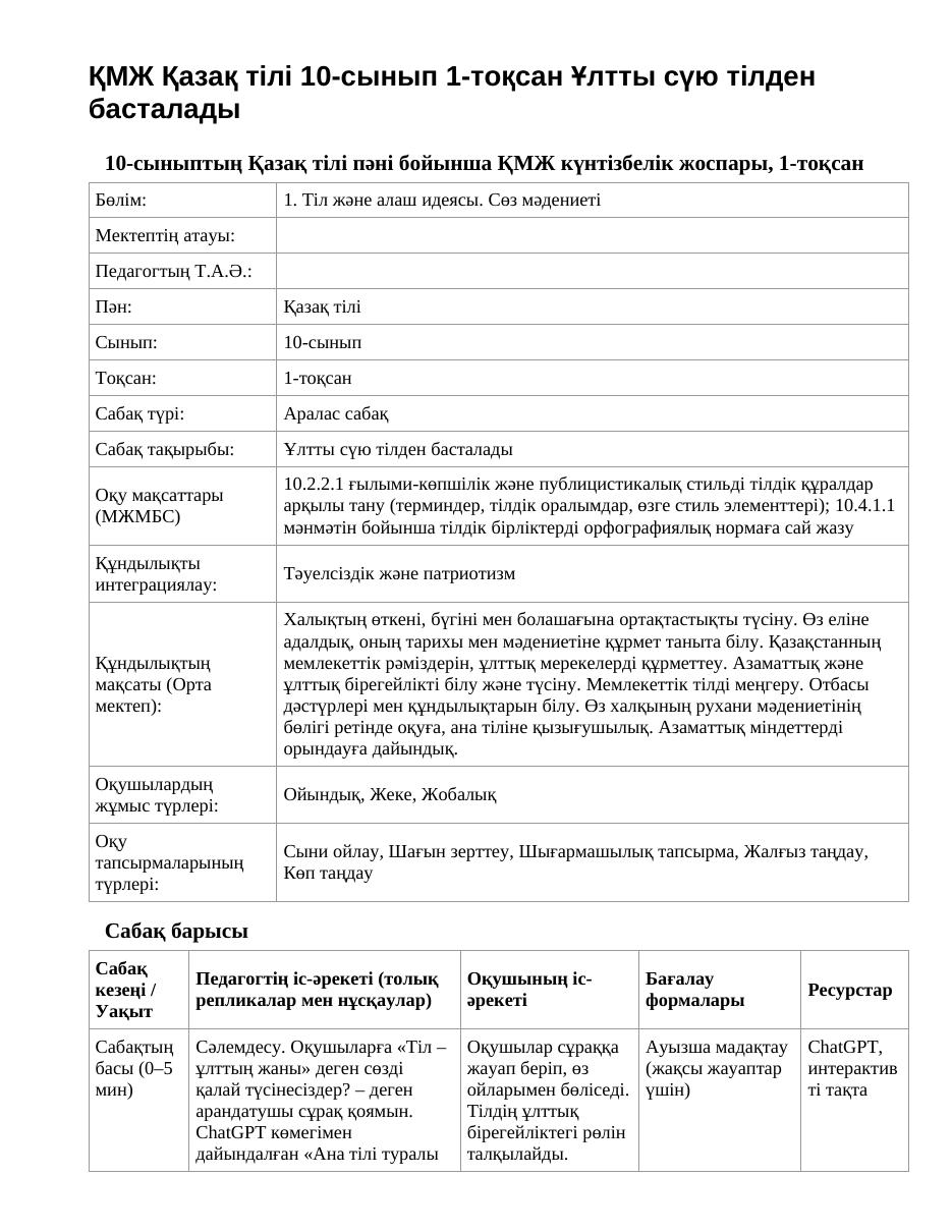 ҚМЖ Қазақ тілі 10-сынып 1-тоқсан Ұлтты сүю тілден басталады
