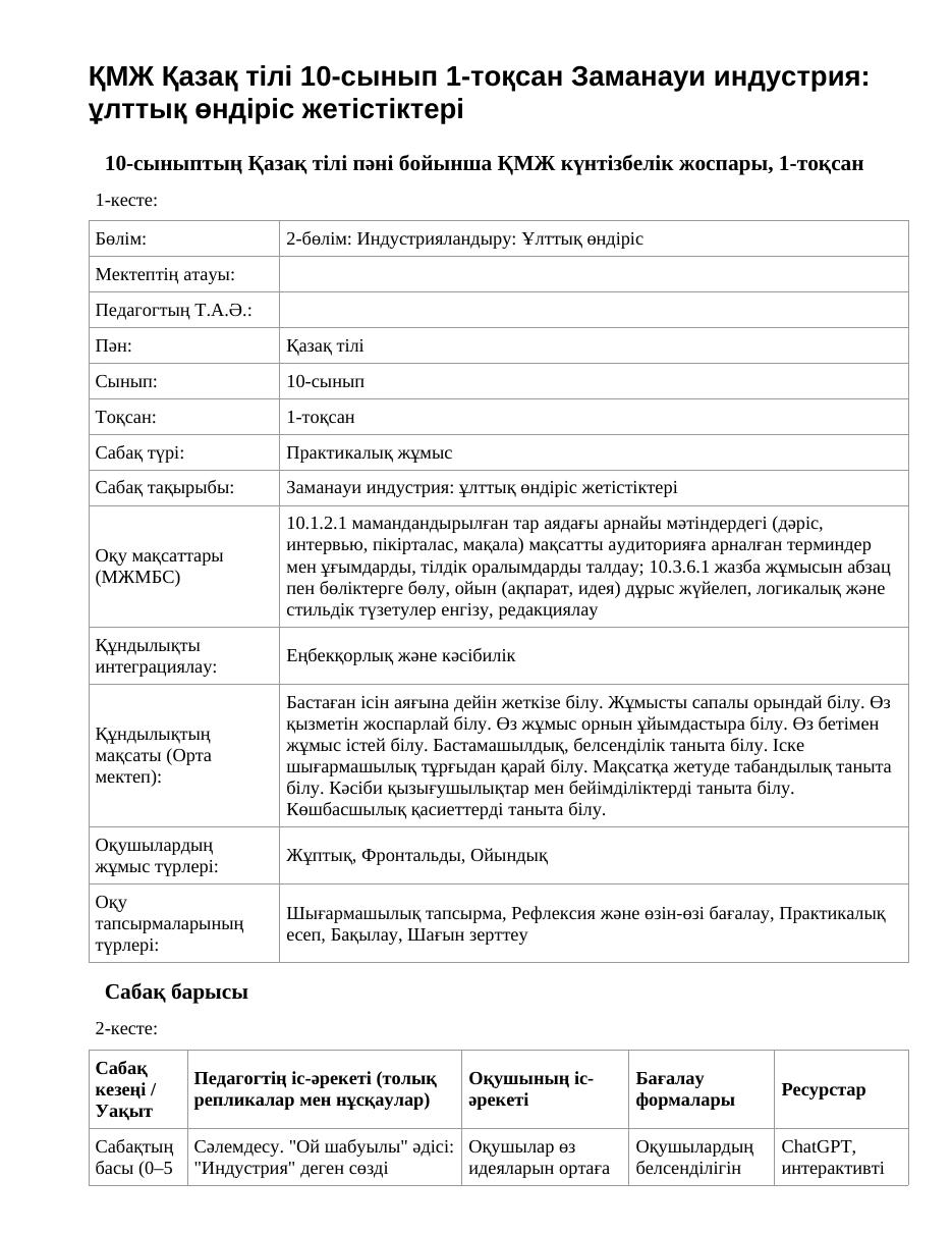 ҚМЖ Қазақ тілі 10-сынып 1-тоқсан Заманауи индустрия: ұлттық өндіріс жетістіктері