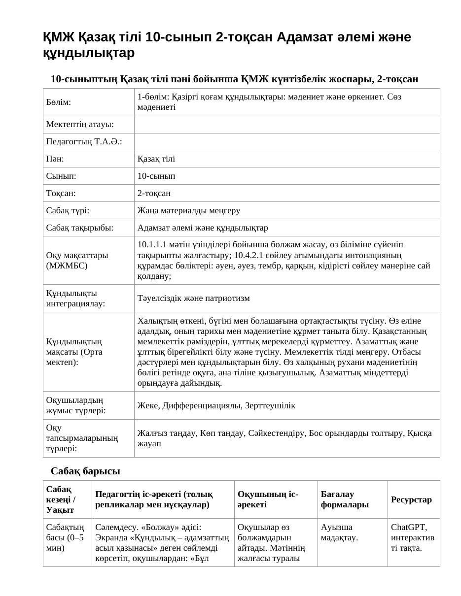 ҚМЖ Қазақ тілі 10-сынып 2-тоқсан Адамзат әлемі және құндылықтар