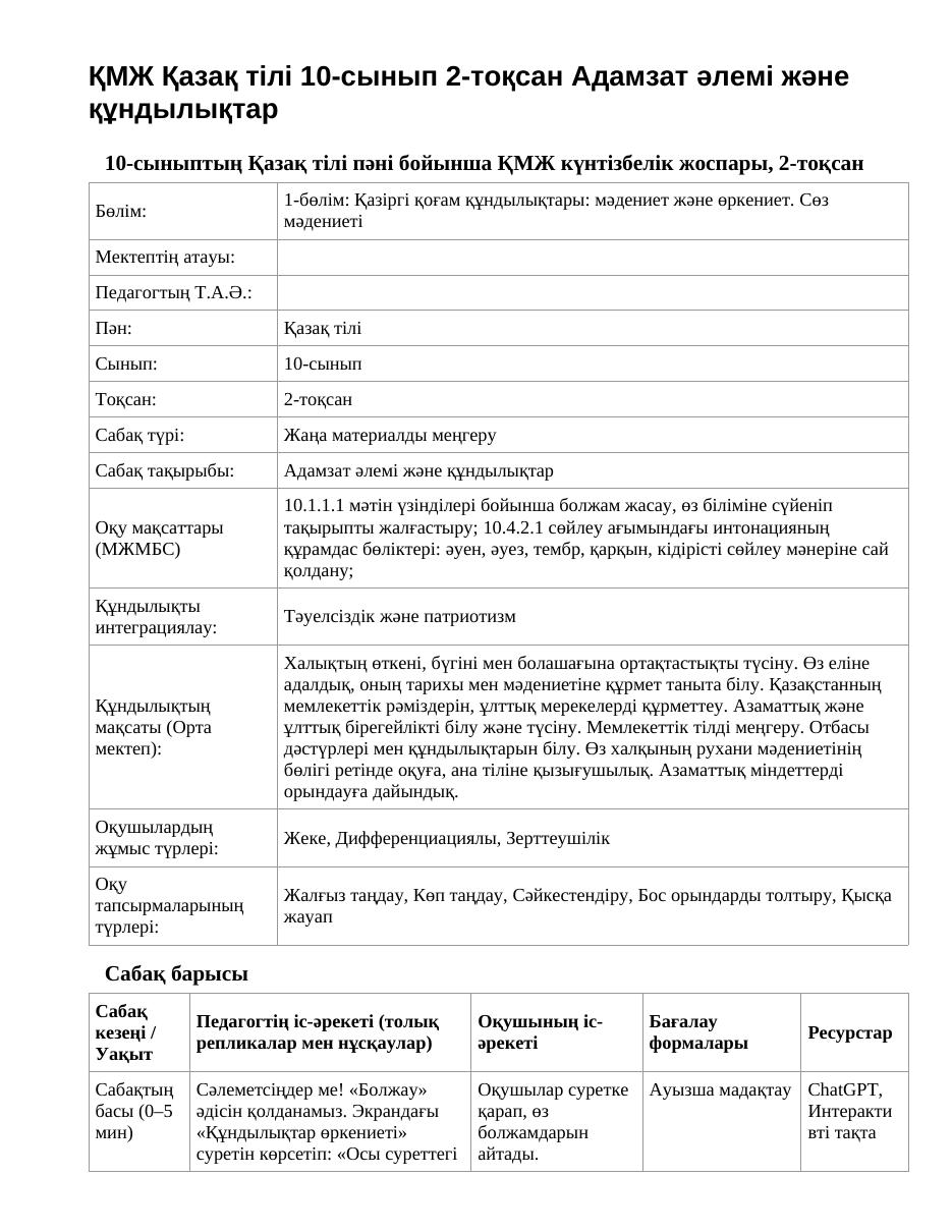 ҚМЖ Қазақ тілі 10-сынып 2-тоқсан Адамзат әлемі және құндылықтар