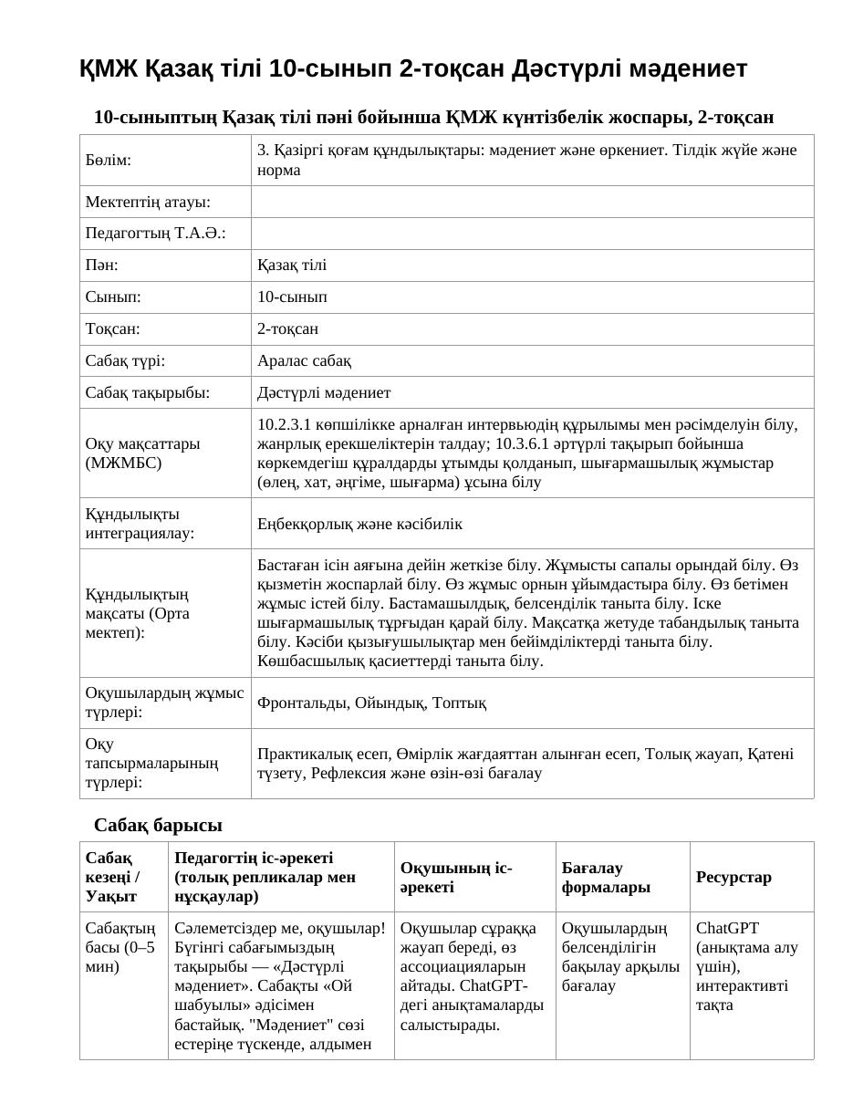 ҚМЖ Қазақ тілі 10-сынып 2-тоқсан Дәстүрлі мәдениет