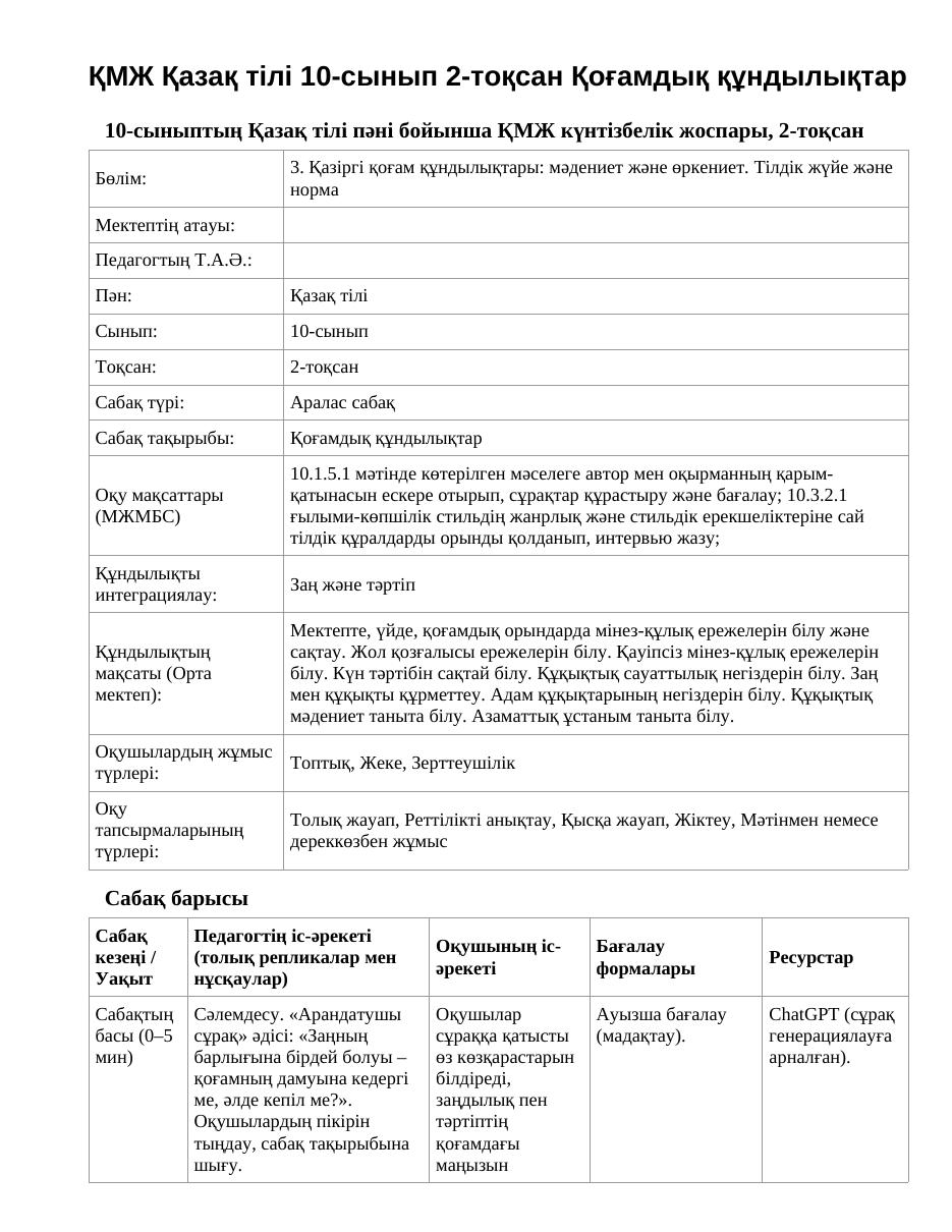 ҚМЖ Қазақ тілі 10-сынып 2-тоқсан Қоғамдық құндылықтар