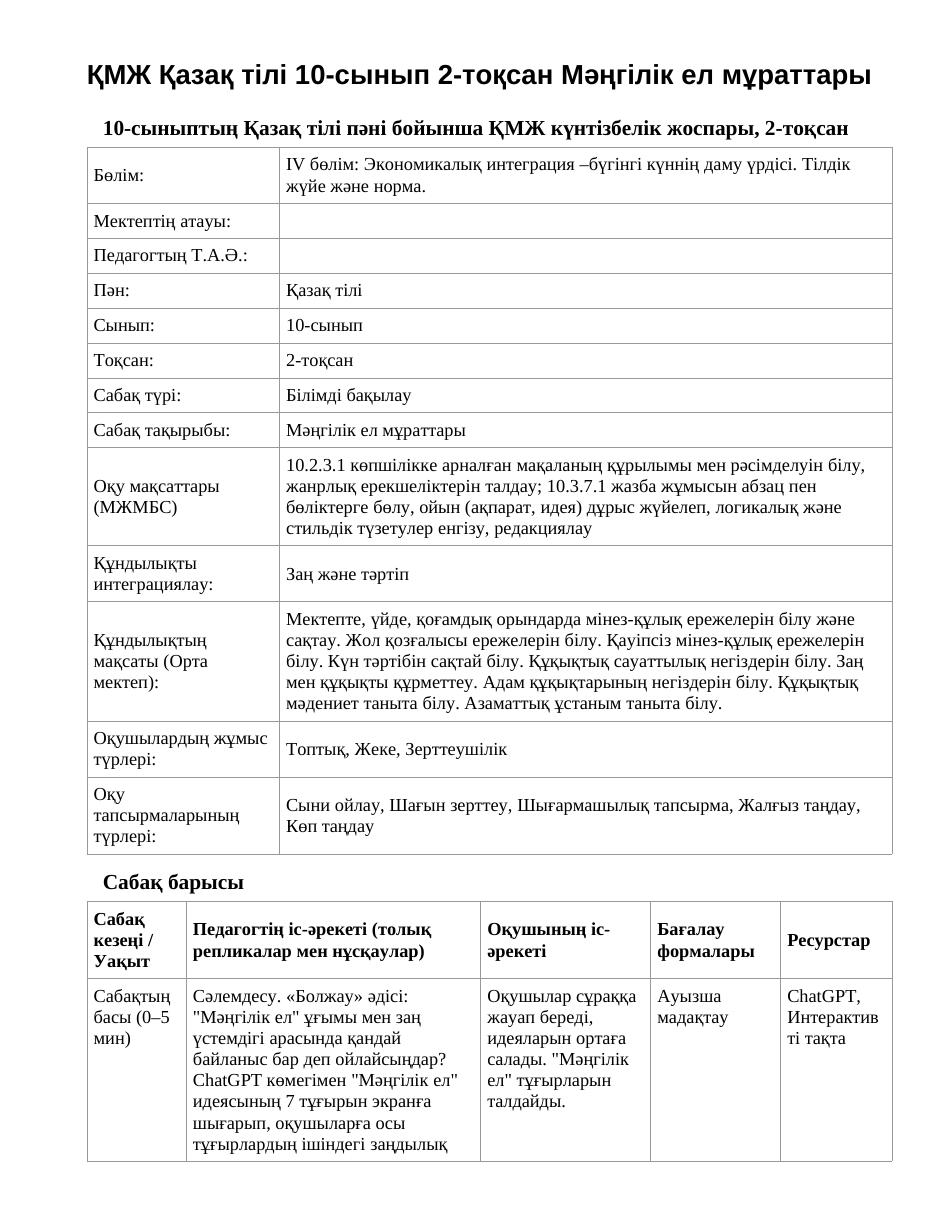 ҚМЖ Қазақ тілі 10-сынып 2-тоқсан Мәңгілік ел мұраттары