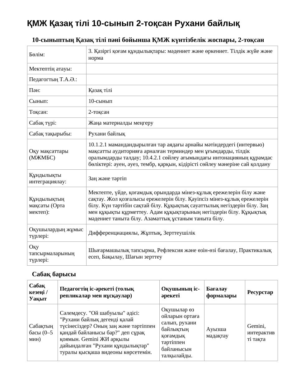 ҚМЖ Қазақ тілі 10-сынып 2-тоқсан Рухани байлық