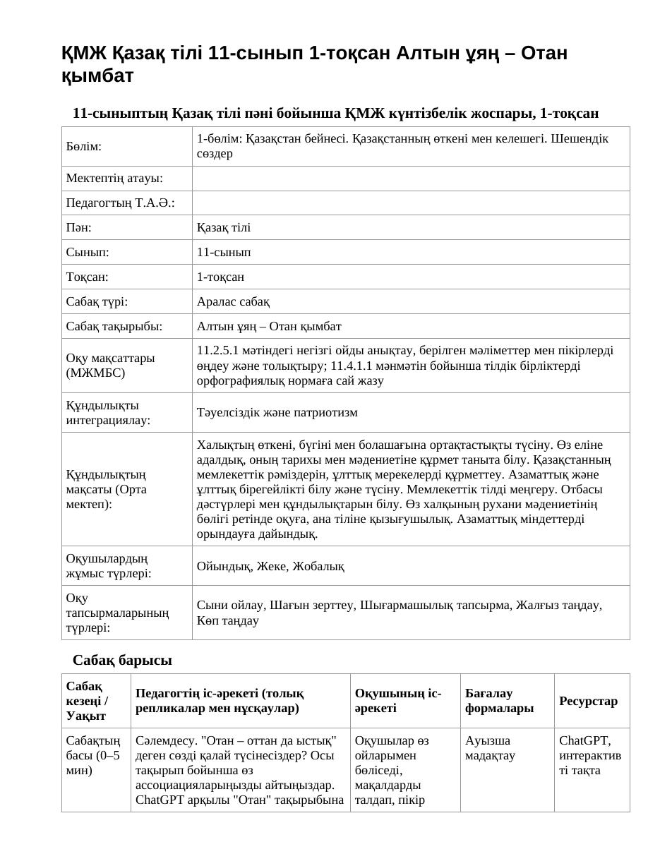 ҚМЖ Қазақ тілі 11-сынып 1-тоқсан Алтын ұяң – Отан қымбат