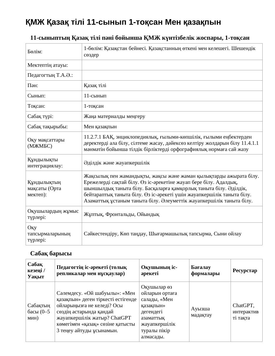 ҚМЖ Қазақ тілі 11-сынып 1-тоқсан Мен қазақпын