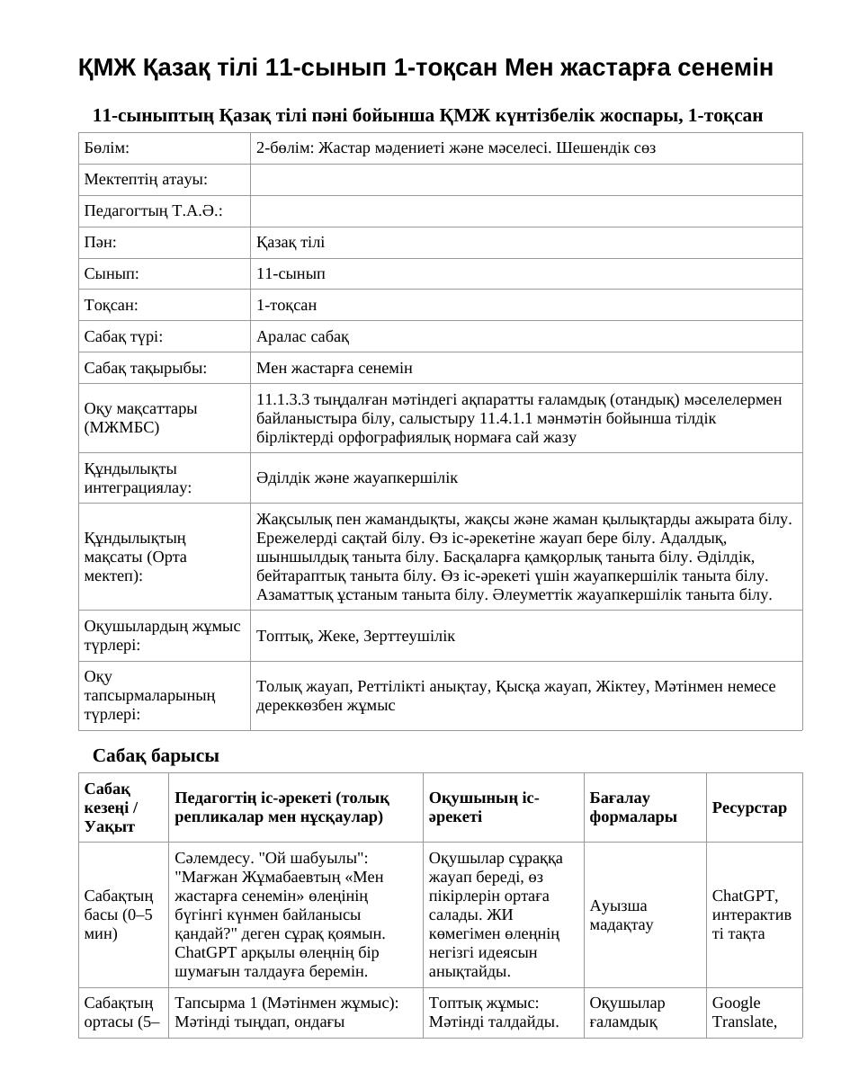 ҚМЖ Қазақ тілі 11-сынып 1-тоқсан Мен жастарға сенемін