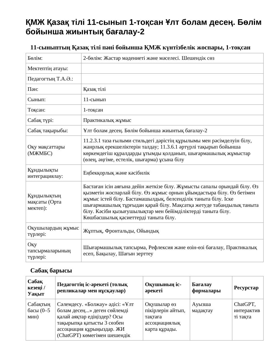 ҚМЖ Қазақ тілі 11-сынып 1-тоқсан Ұлт болам десең. Бөлім бойынша жиынтық бағалау-2