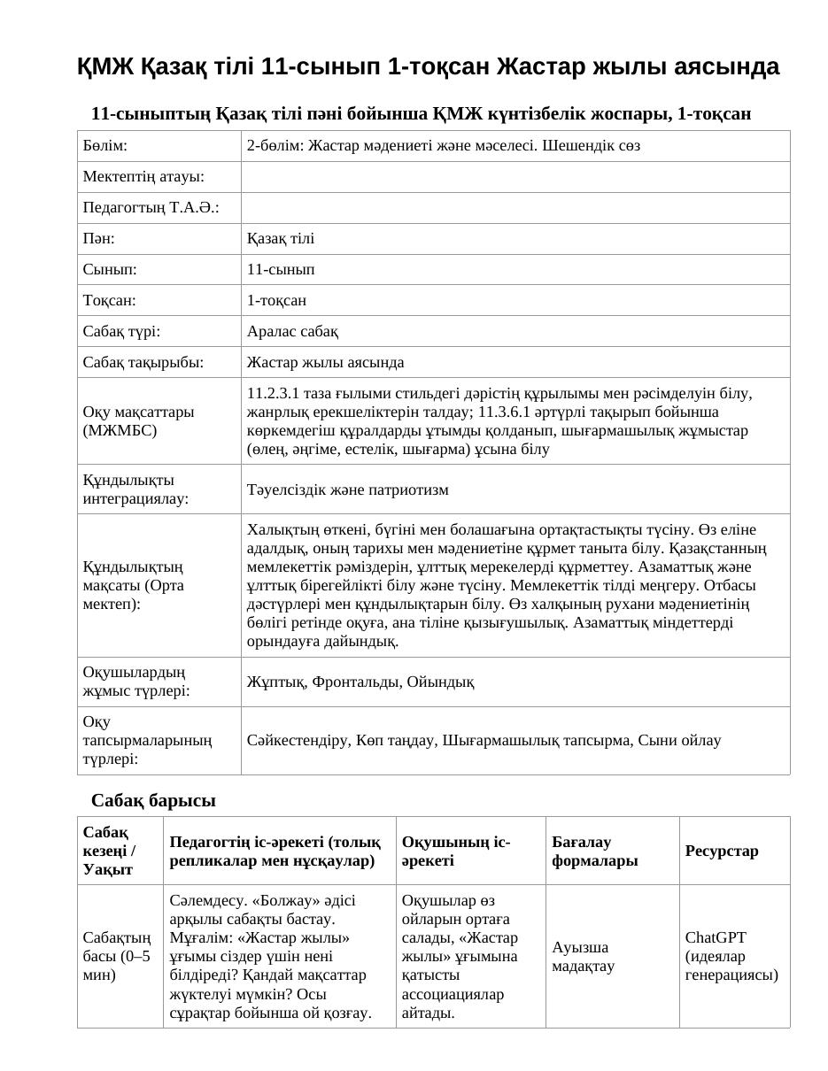 ҚМЖ Қазақ тілі 11-сынып 1-тоқсан Жастар жылы аясында