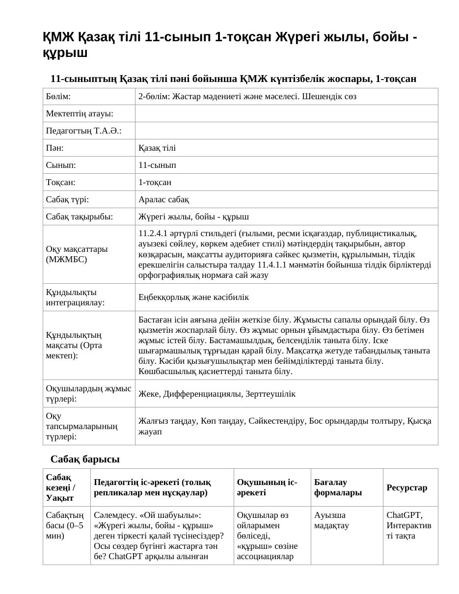 ҚМЖ Қазақ тілі 11-сынып 1-тоқсан Жүрегі жылы, бойы - құрыш