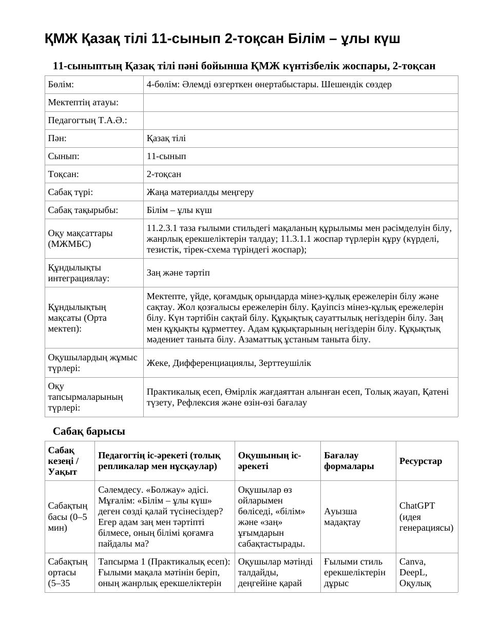 ҚМЖ Қазақ тілі 11-сынып 2-тоқсан Білім – ұлы күш