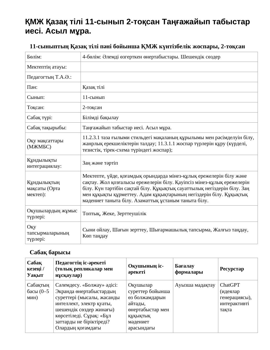 ҚМЖ Қазақ тілі 11-сынып 2-тоқсан Таңғажайып табыстар иесі. Асыл мұра.