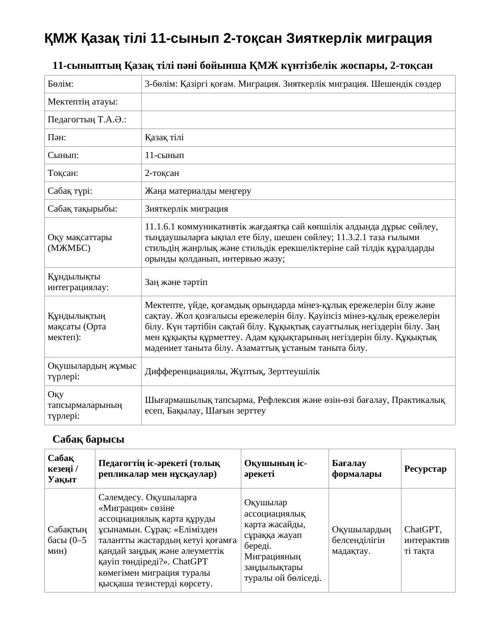 ҚМЖ Қазақ тілі 11-сынып 2-тоқсан Зияткерлік миграция