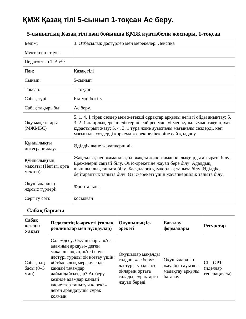 ҚМЖ Қазақ тілі 5-сынып 1-тоқсан Ас беру.