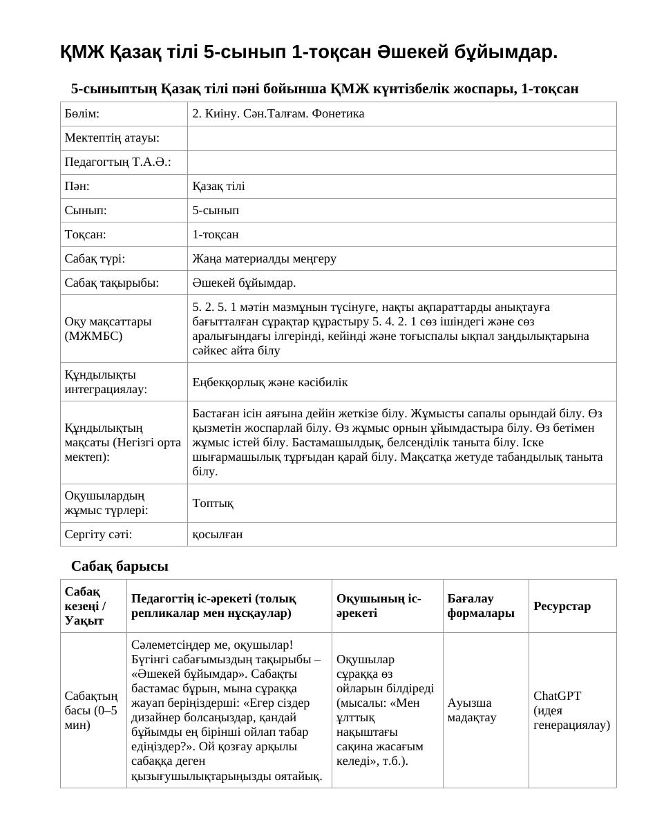 ҚМЖ Қазақ тілі 5-сынып 1-тоқсан Әшекей бұйымдар.