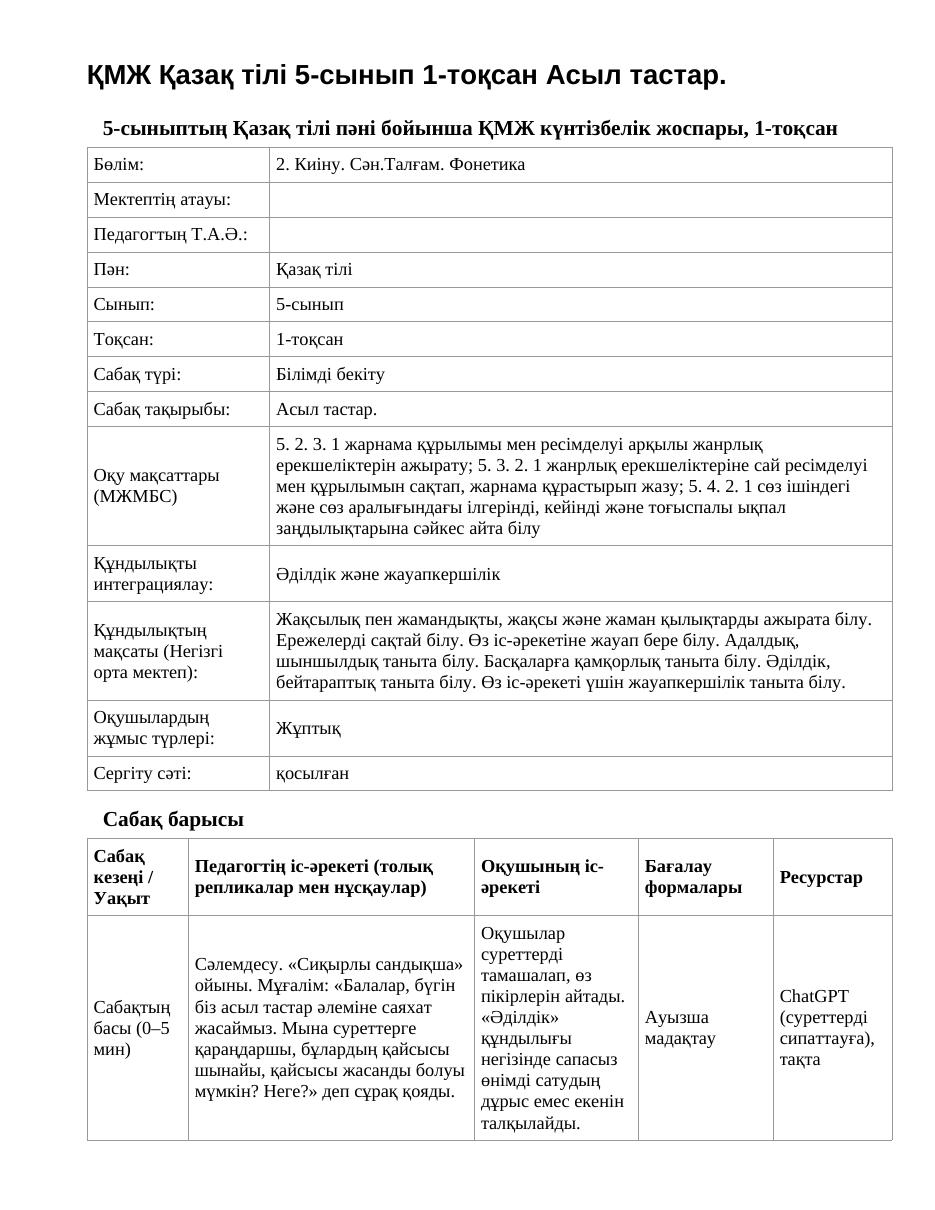 ҚМЖ Қазақ тілі 5-сынып 1-тоқсан Асыл тастар.
