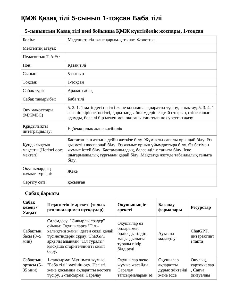 ҚМЖ Қазақ тілі 5-сынып 1-тоқсан Баба тілі