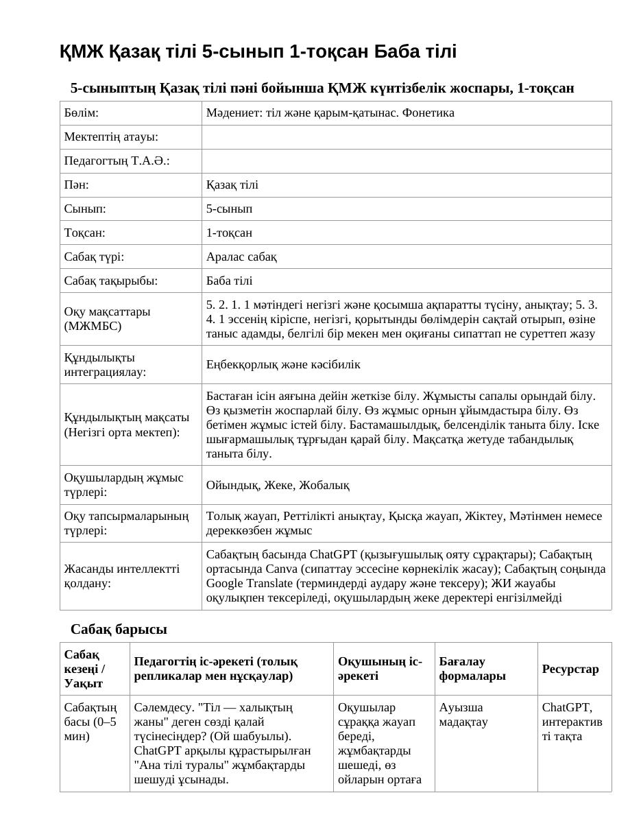 ҚМЖ Қазақ тілі 5-сынып 1-тоқсан Баба тілі