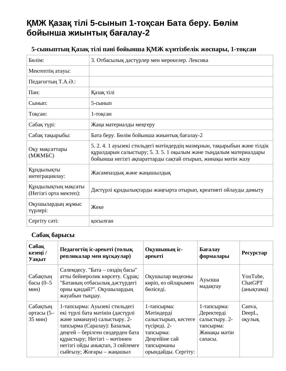 ҚМЖ Қазақ тілі 5-сынып 1-тоқсан Бата беру. Бөлім бойынша жиынтық бағалау-2