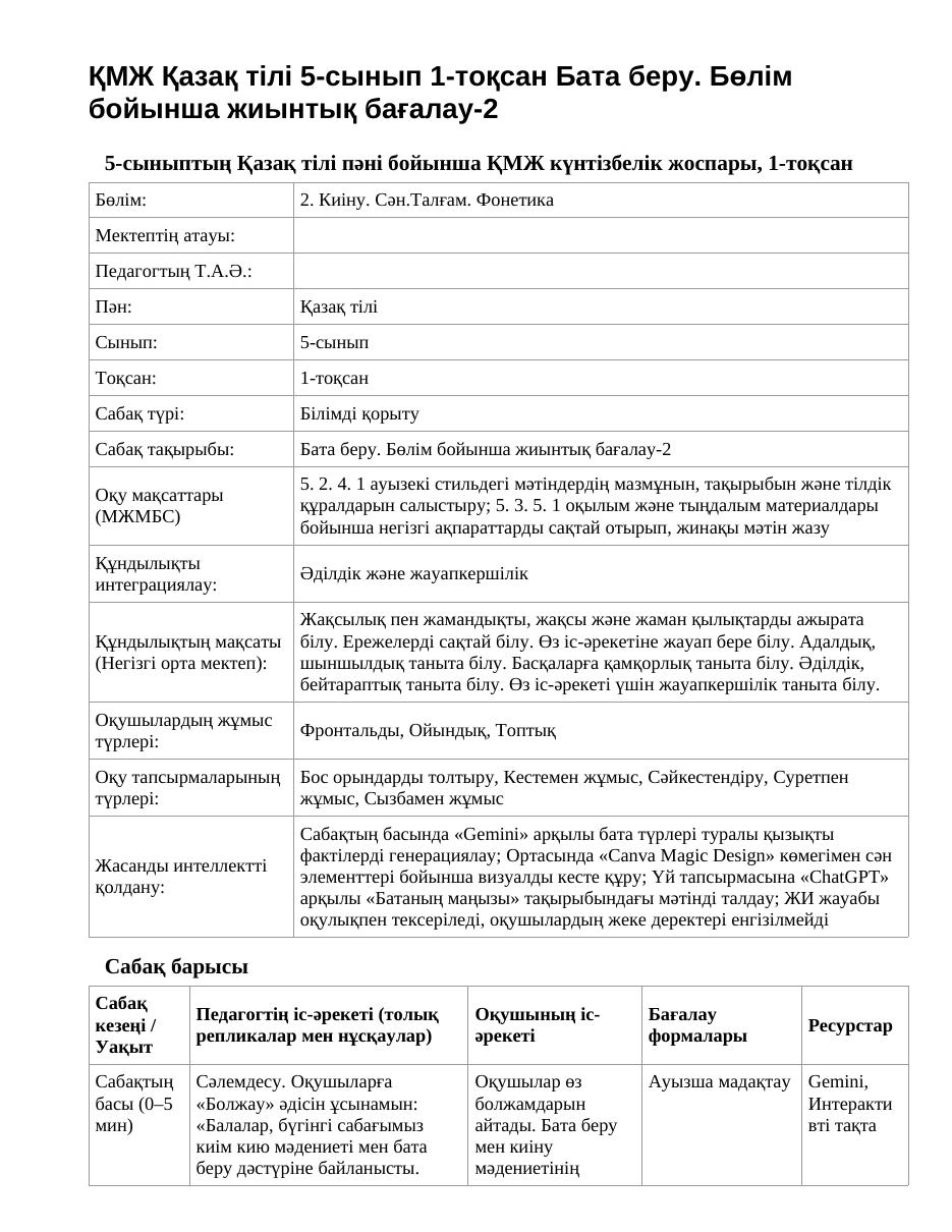 ҚМЖ Қазақ тілі 5-сынып 1-тоқсан Бата беру. Бөлім бойынша жиынтық бағалау-2