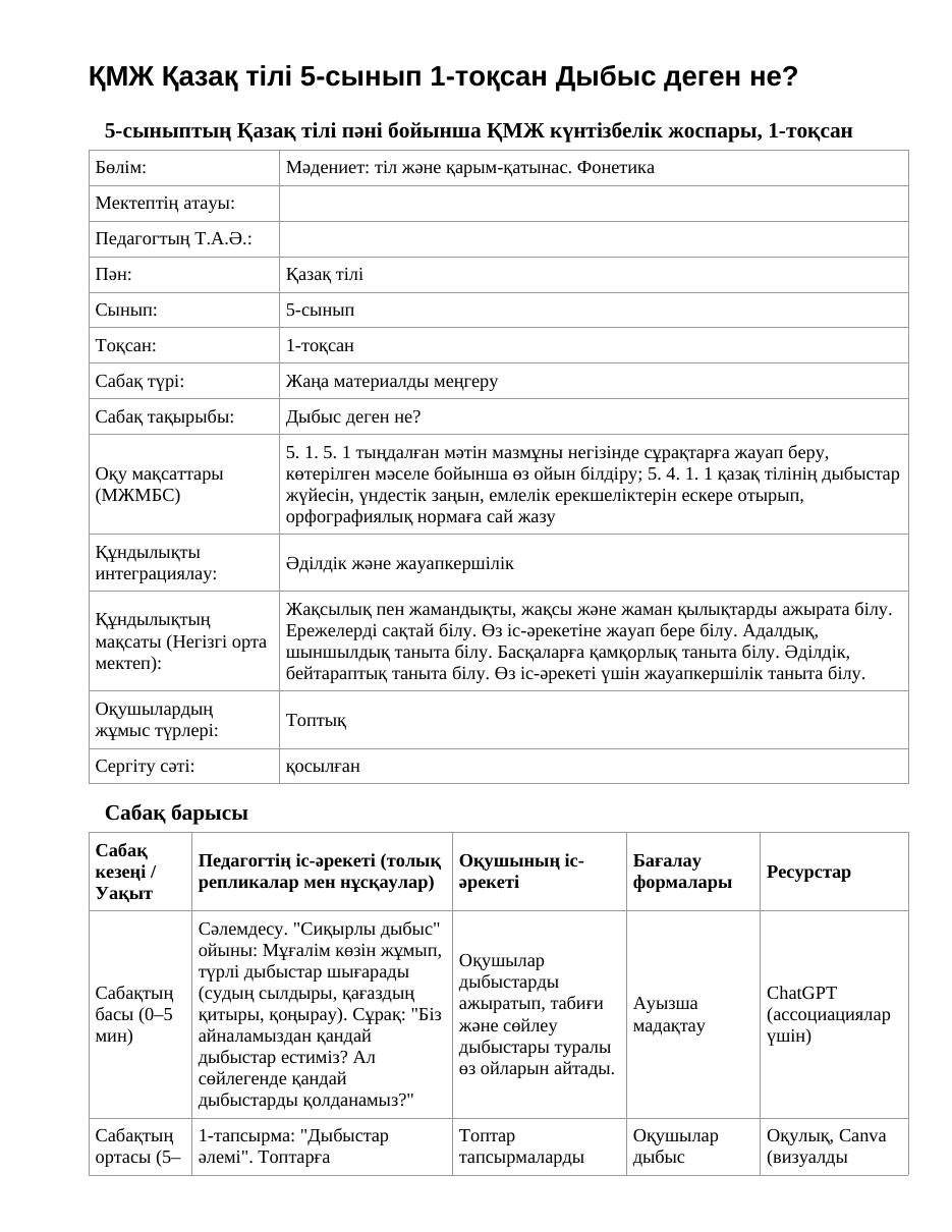 ҚМЖ Қазақ тілі 5-сынып 1-тоқсан Дыбыс деген не?