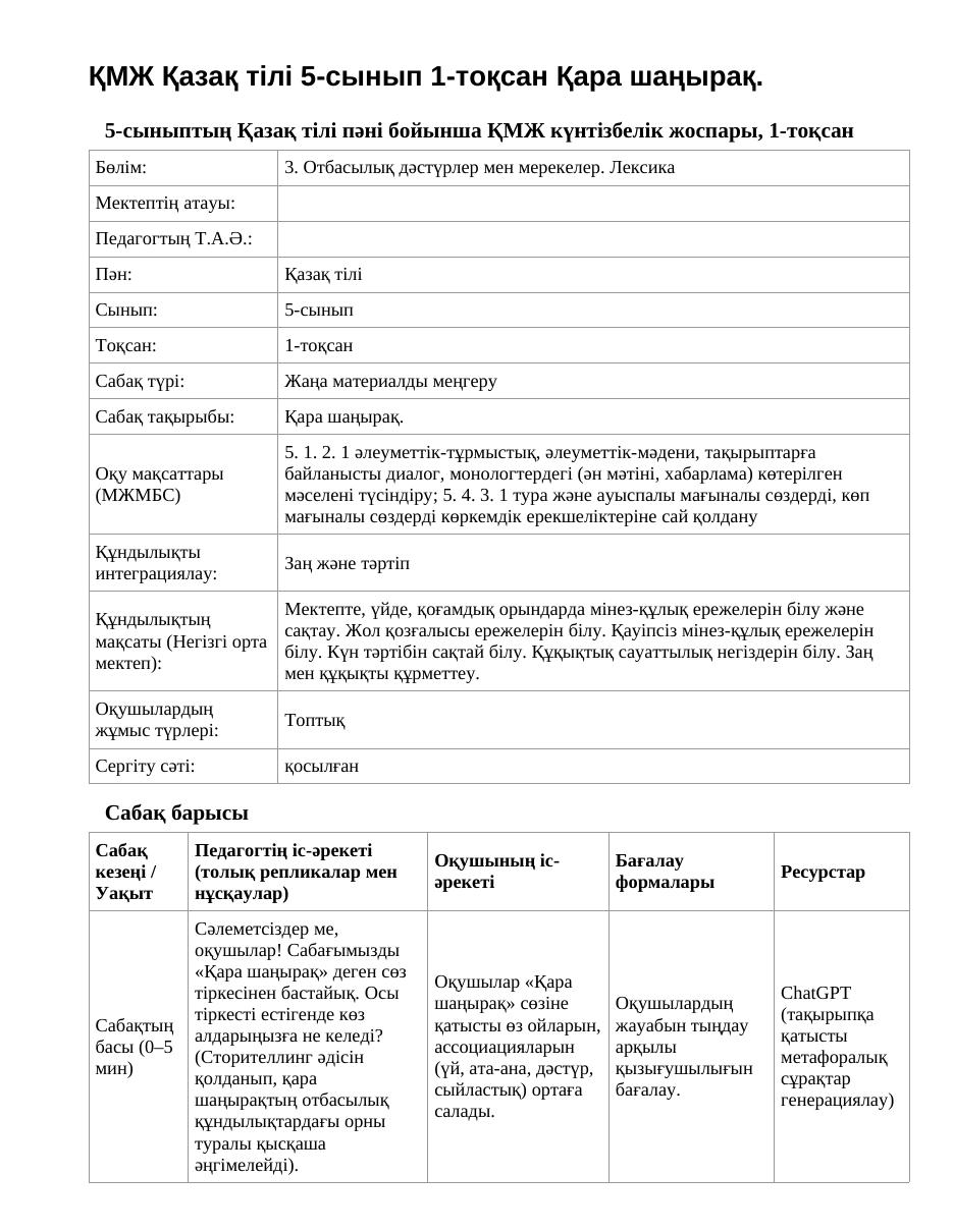 ҚМЖ Қазақ тілі 5-сынып 1-тоқсан Қара шаңырақ.