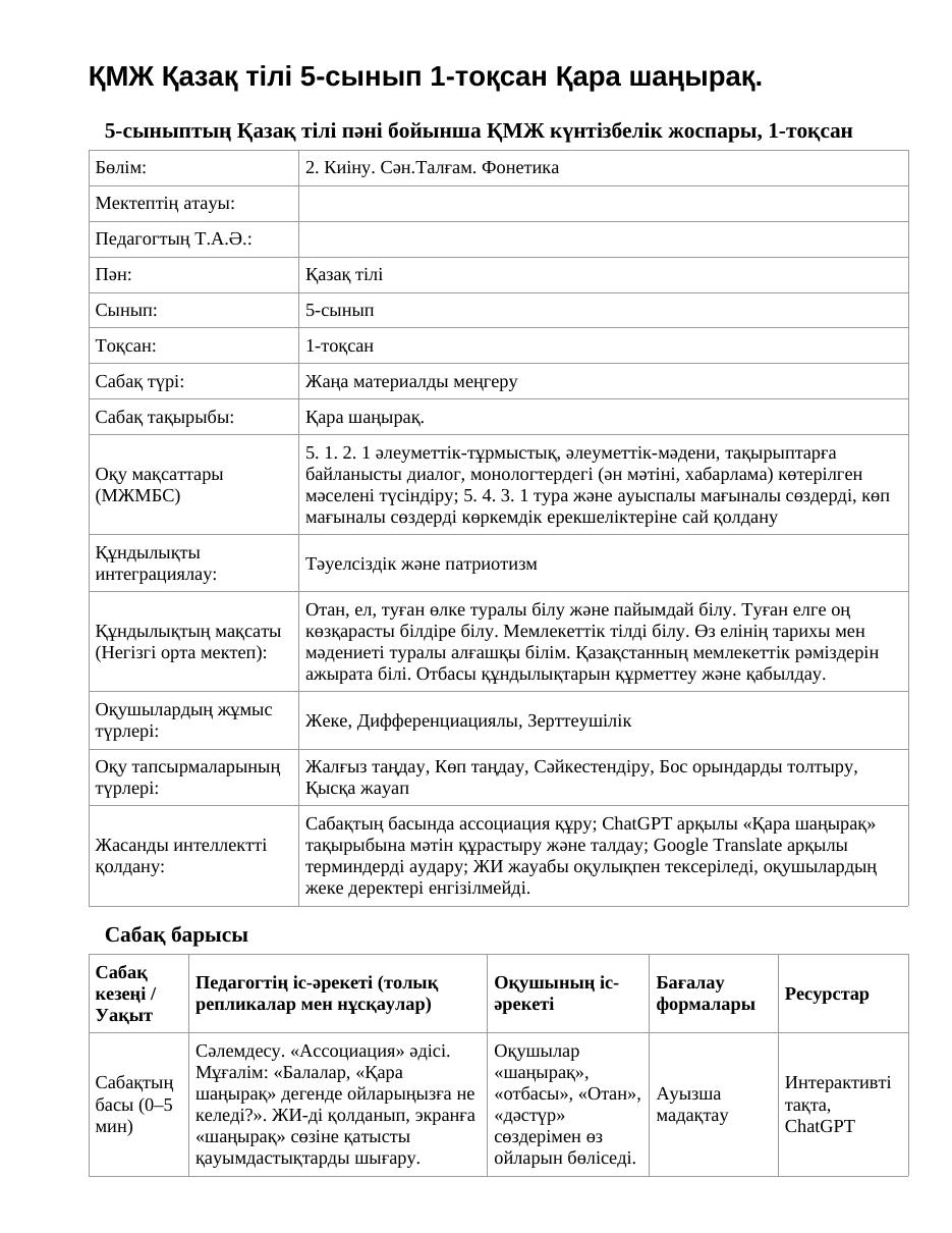 ҚМЖ Қазақ тілі 5-сынып 1-тоқсан Қара шаңырақ.