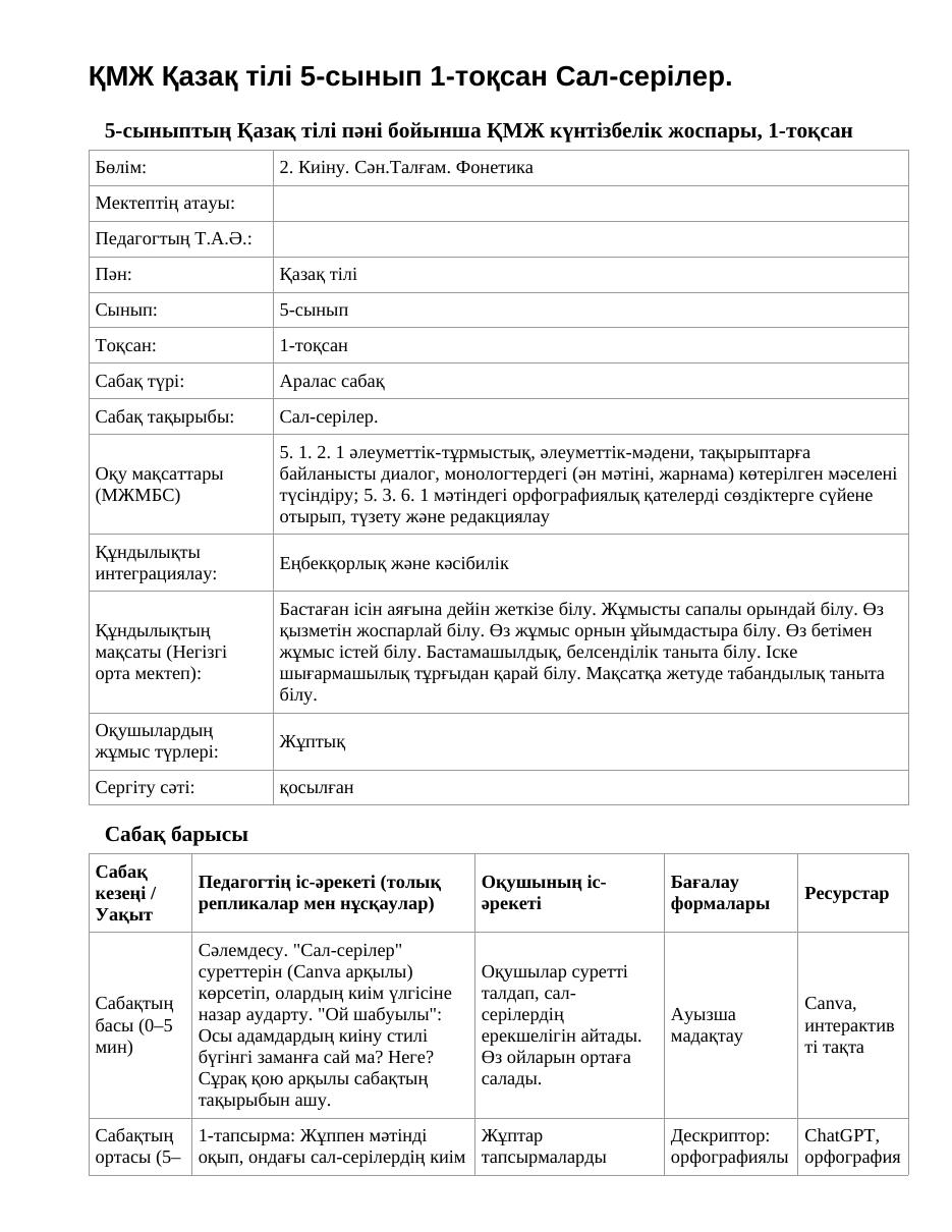 ҚМЖ Қазақ тілі 5-сынып 1-тоқсан Сал-серілер.
