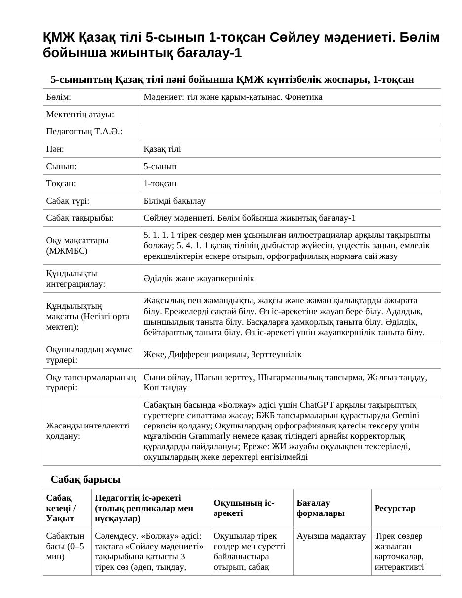 ҚМЖ Қазақ тілі 5-сынып 1-тоқсан Сөйлеу мәдениеті. Бөлім бойынша жиынтық бағалау-1