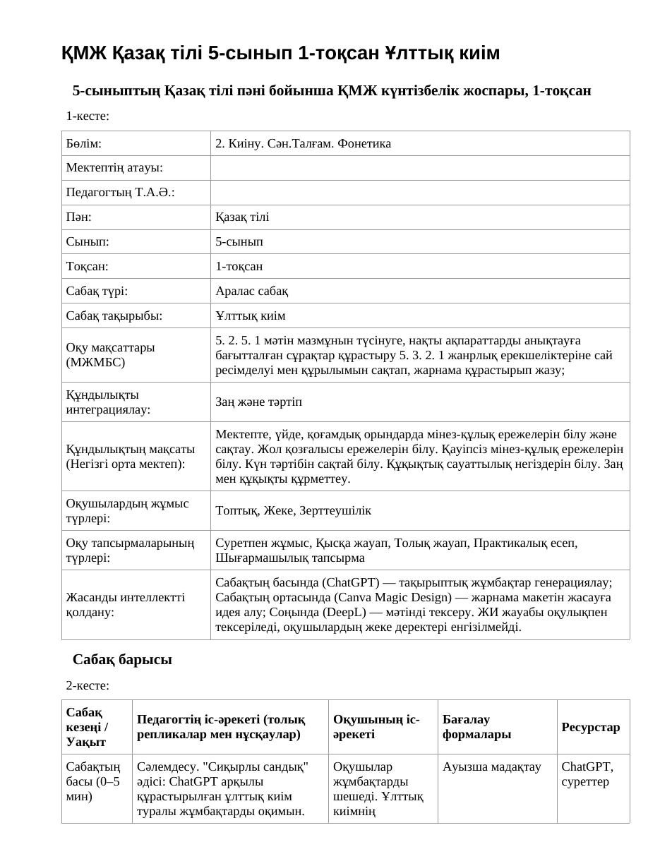 ҚМЖ Қазақ тілі 5-сынып 1-тоқсан Ұлттық киім