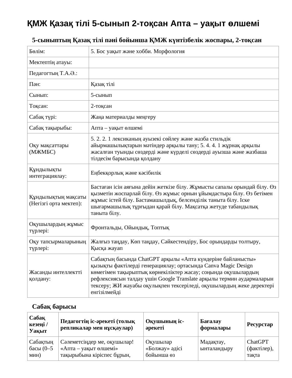 ҚМЖ Қазақ тілі 5-сынып 2-тоқсан Апта – уақыт өлшемі