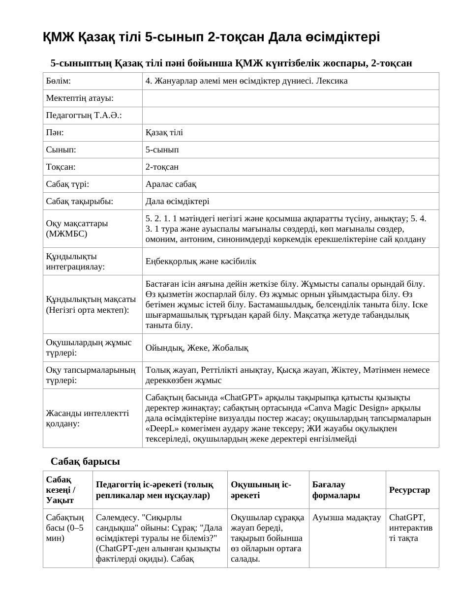 ҚМЖ Қазақ тілі 5-сынып 2-тоқсан Дала өсімдіктері