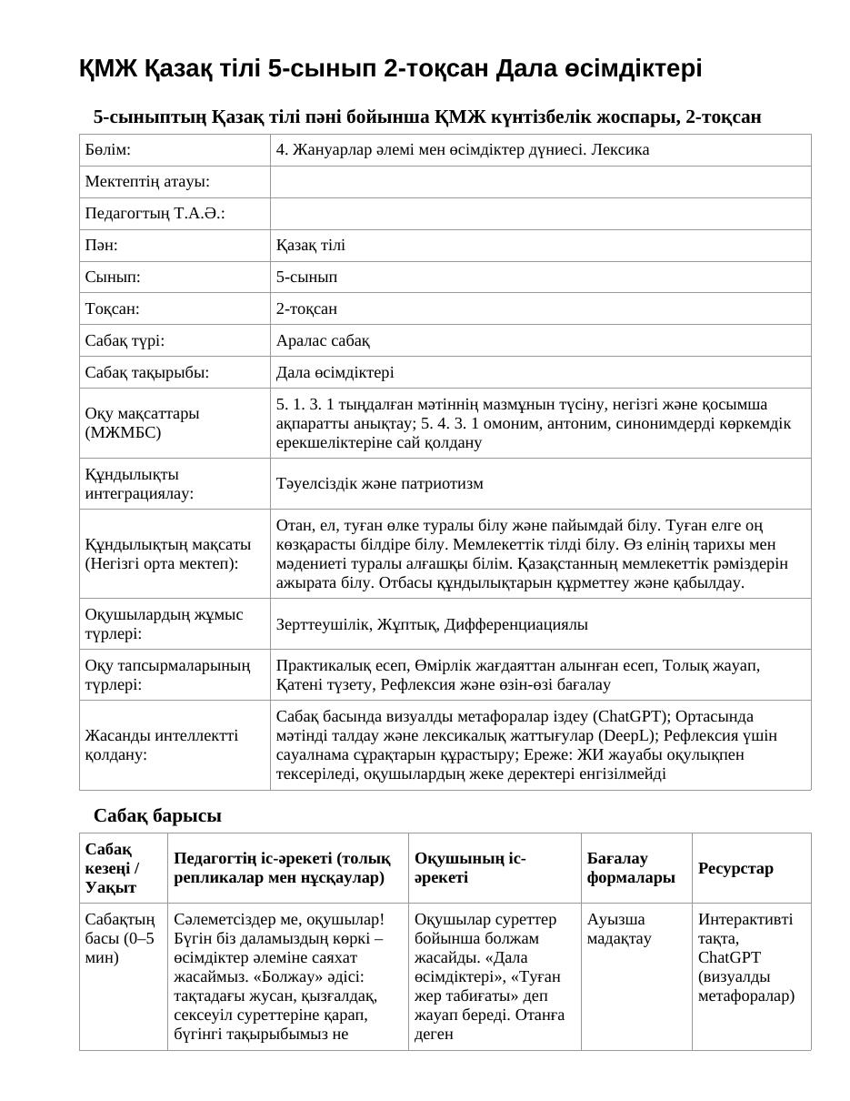 ҚМЖ Қазақ тілі 5-сынып 2-тоқсан Дала өсімдіктері