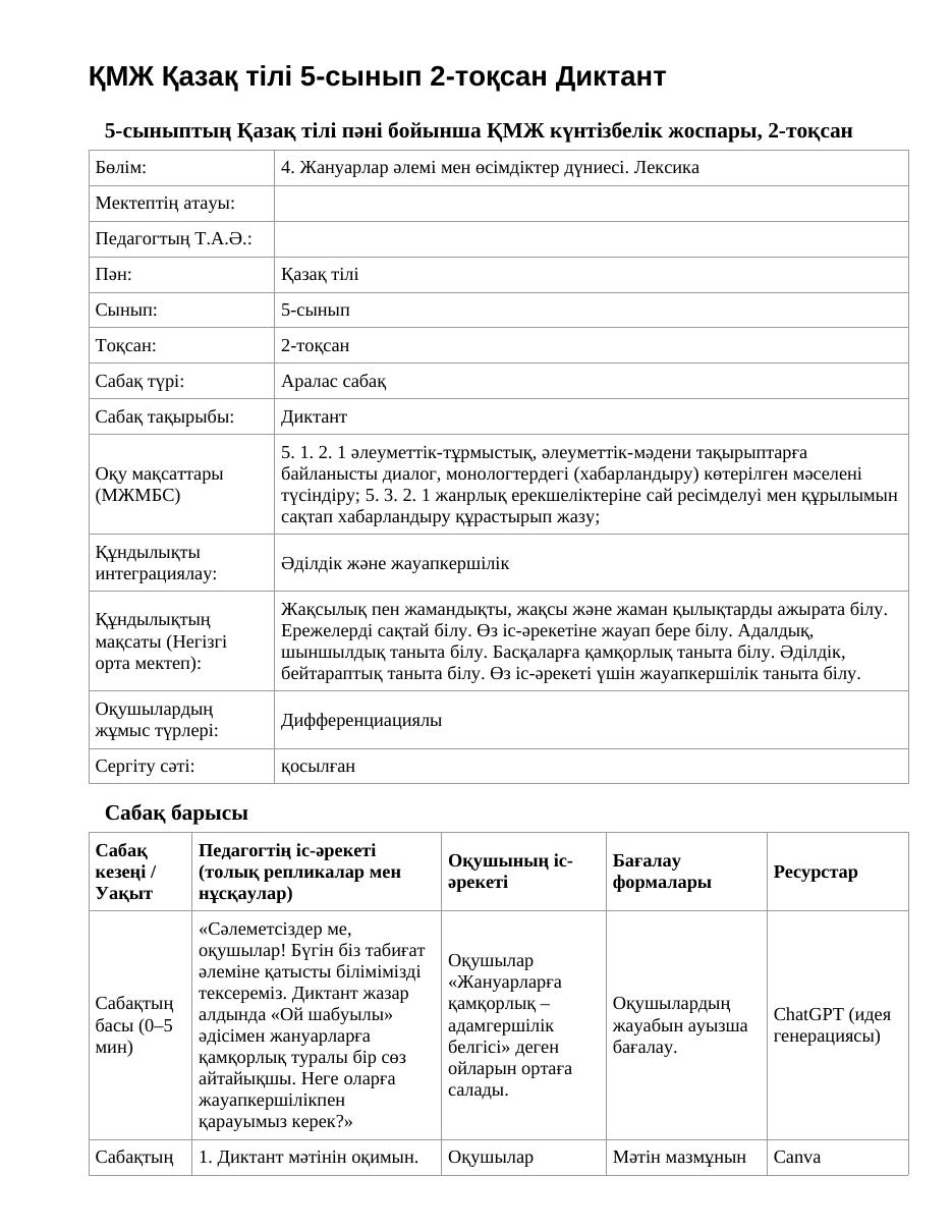 ҚМЖ Қазақ тілі 5-сынып 2-тоқсан Диктант