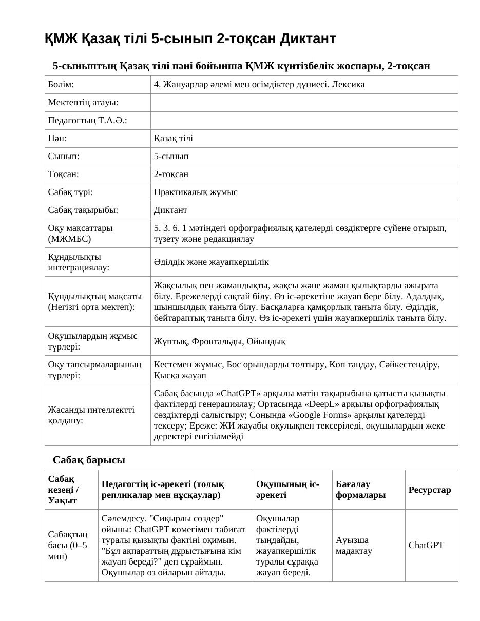 ҚМЖ Қазақ тілі 5-сынып 2-тоқсан Диктант