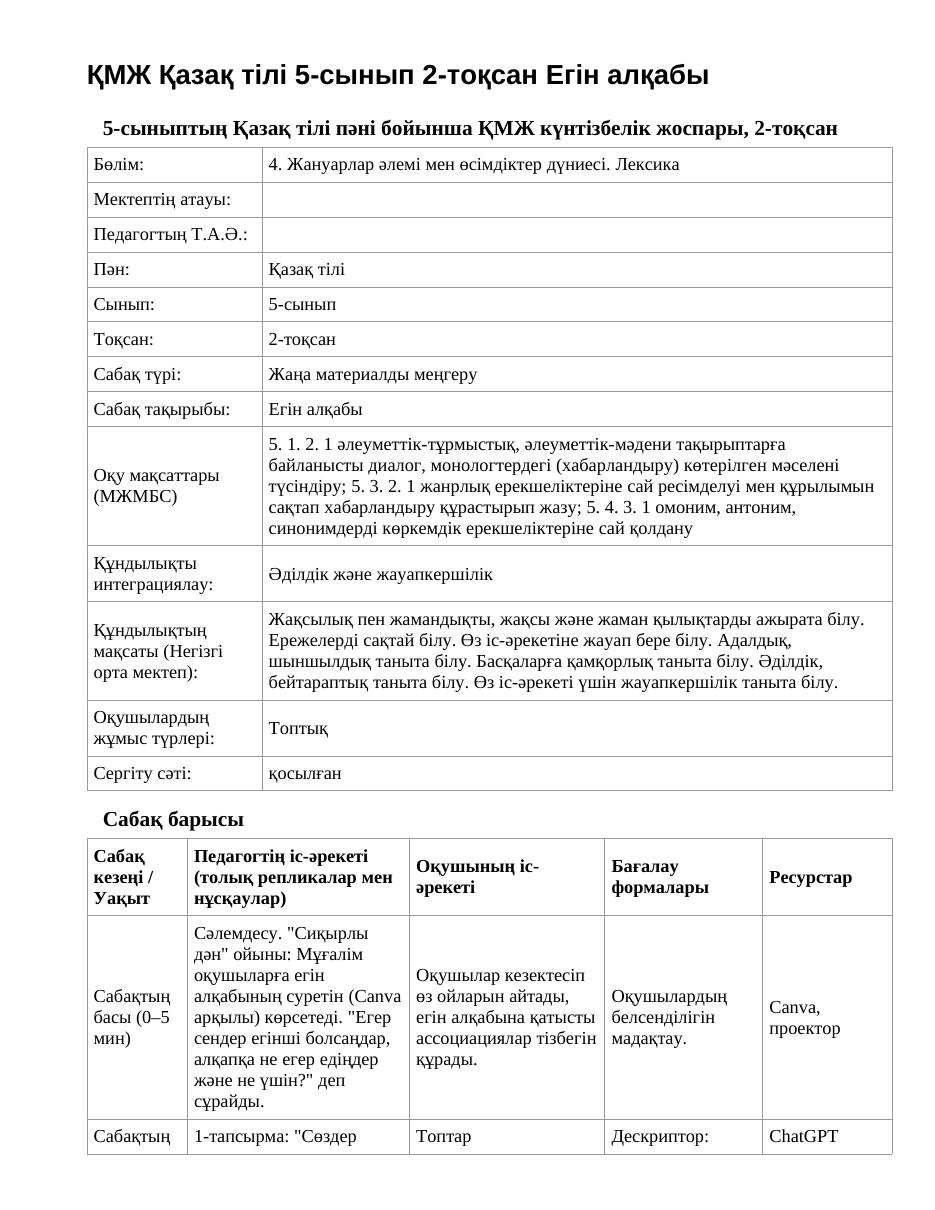 ҚМЖ Қазақ тілі 5-сынып 2-тоқсан Егін алқабы