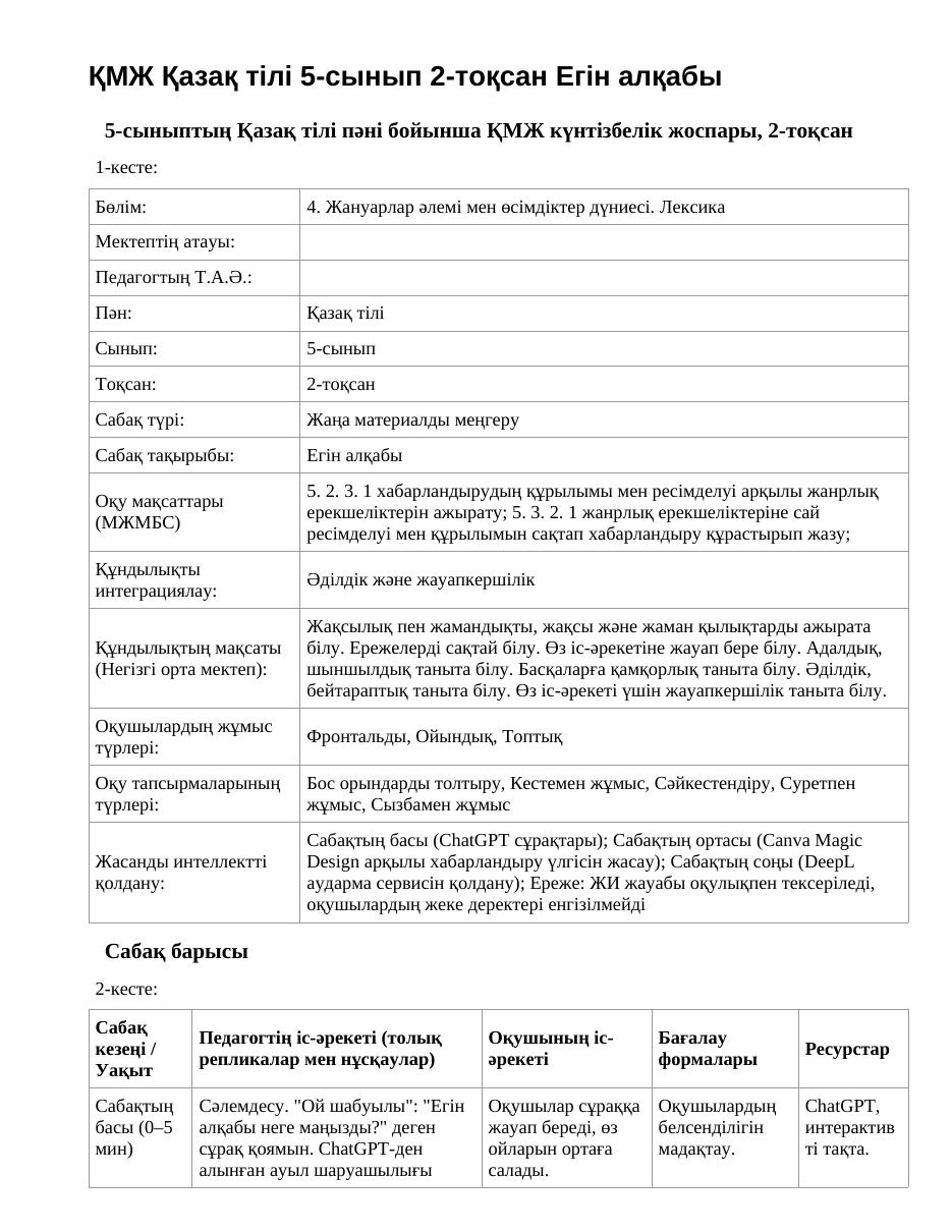 ҚМЖ Қазақ тілі 5-сынып 2-тоқсан Егін алқабы