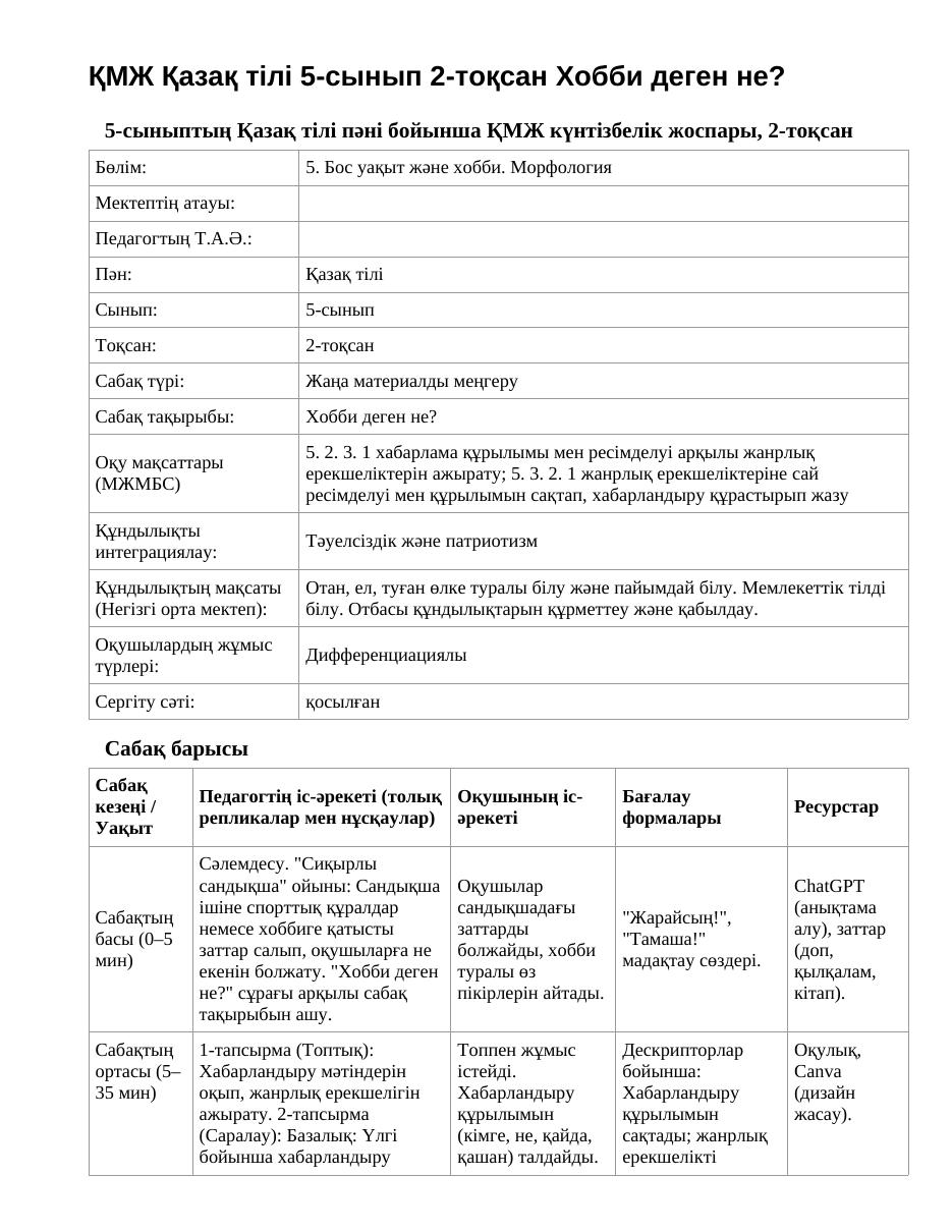 ҚМЖ Қазақ тілі 5-сынып 2-тоқсан Хобби деген не?