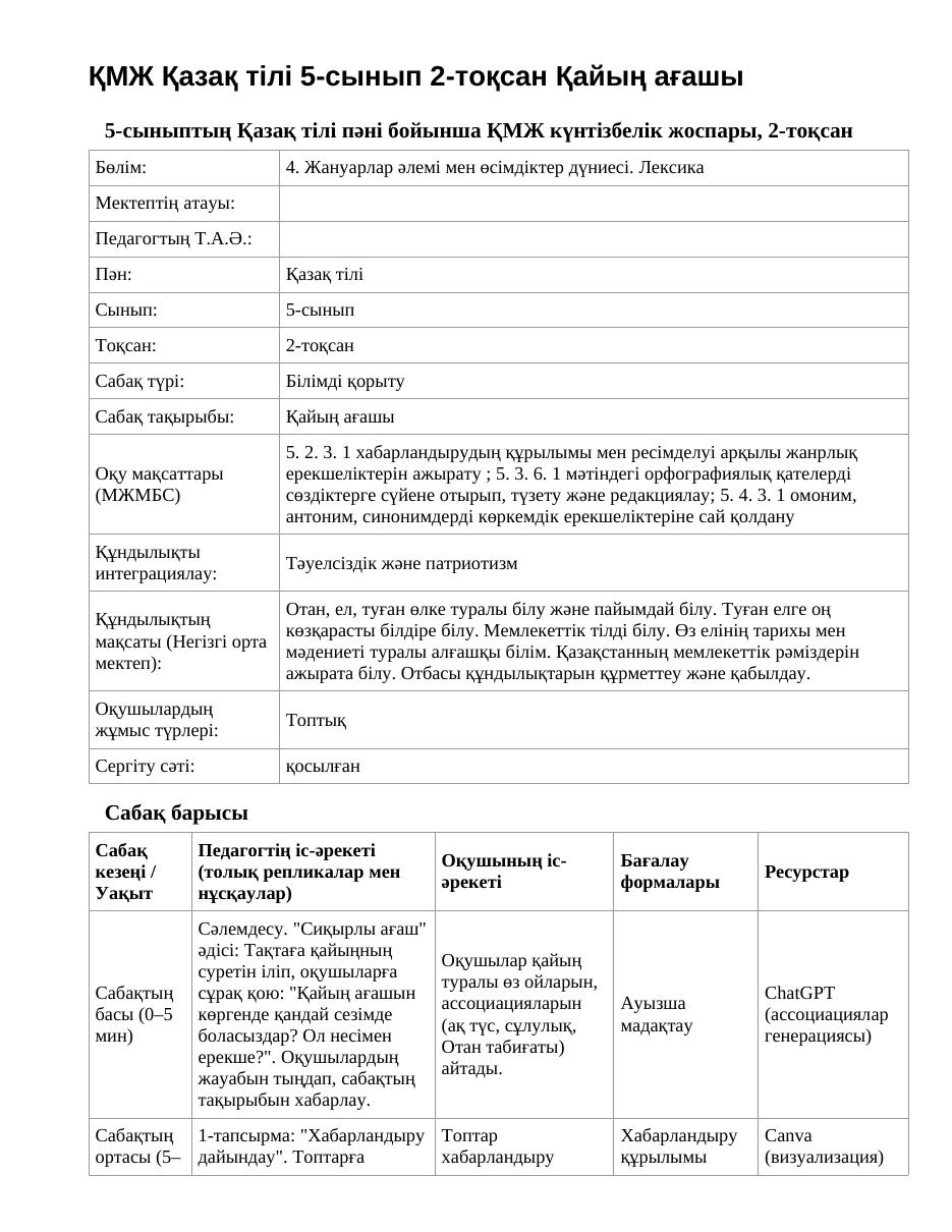ҚМЖ Қазақ тілі 5-сынып 2-тоқсан Қайың ағашы