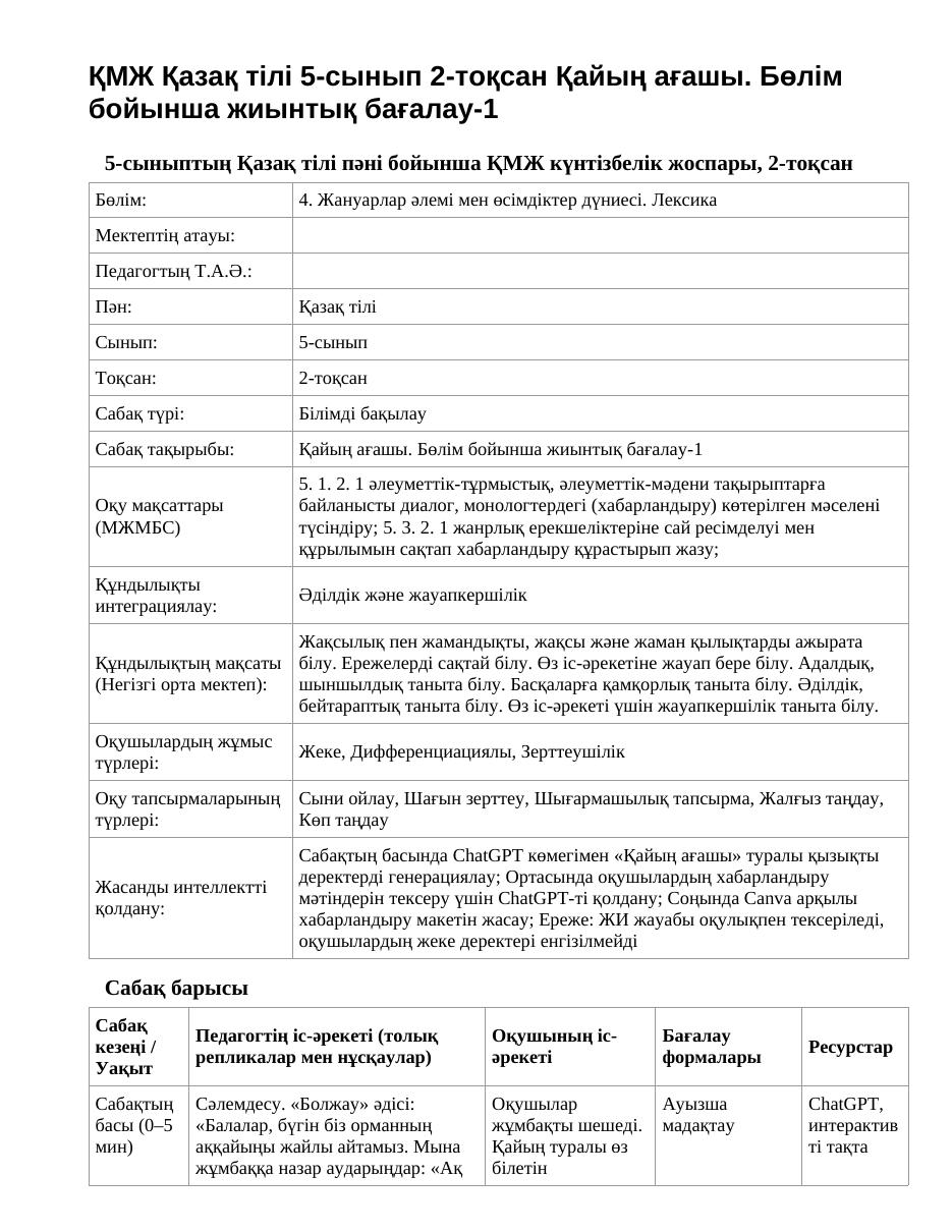 ҚМЖ Қазақ тілі 5-сынып 2-тоқсан Қайың ағашы. Бөлім бойынша жиынтық бағалау-1