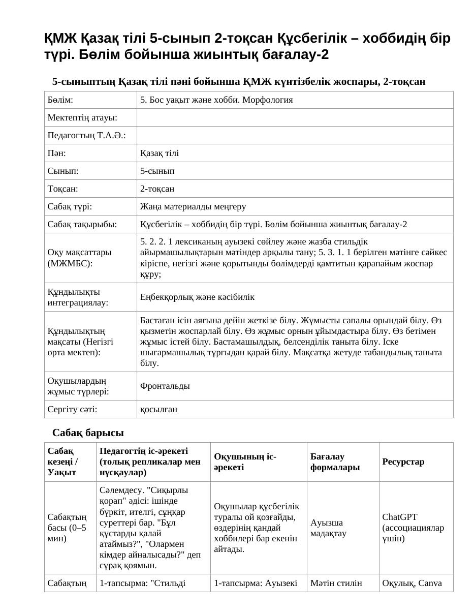 ҚМЖ Қазақ тілі 5-сынып 2-тоқсан Құсбегілік – хоббидің бір түрі. Бөлім бойынша жиынтық бағалау-2