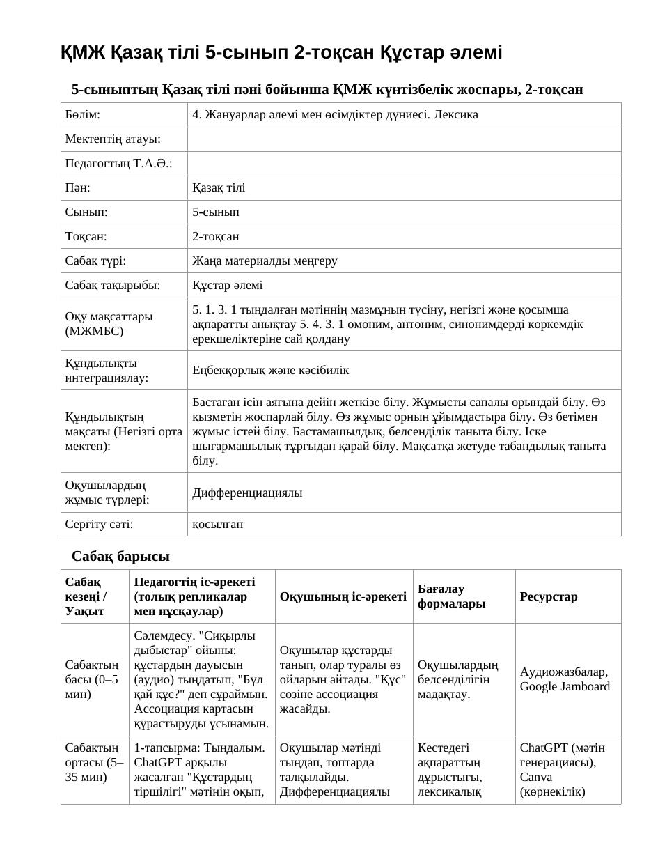 ҚМЖ Қазақ тілі 5-сынып 2-тоқсан Құстар әлемі
