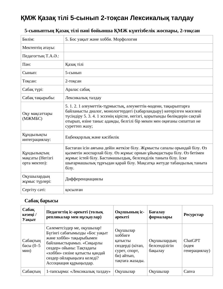 ҚМЖ Қазақ тілі 5-сынып 2-тоқсан Лексикалық талдау