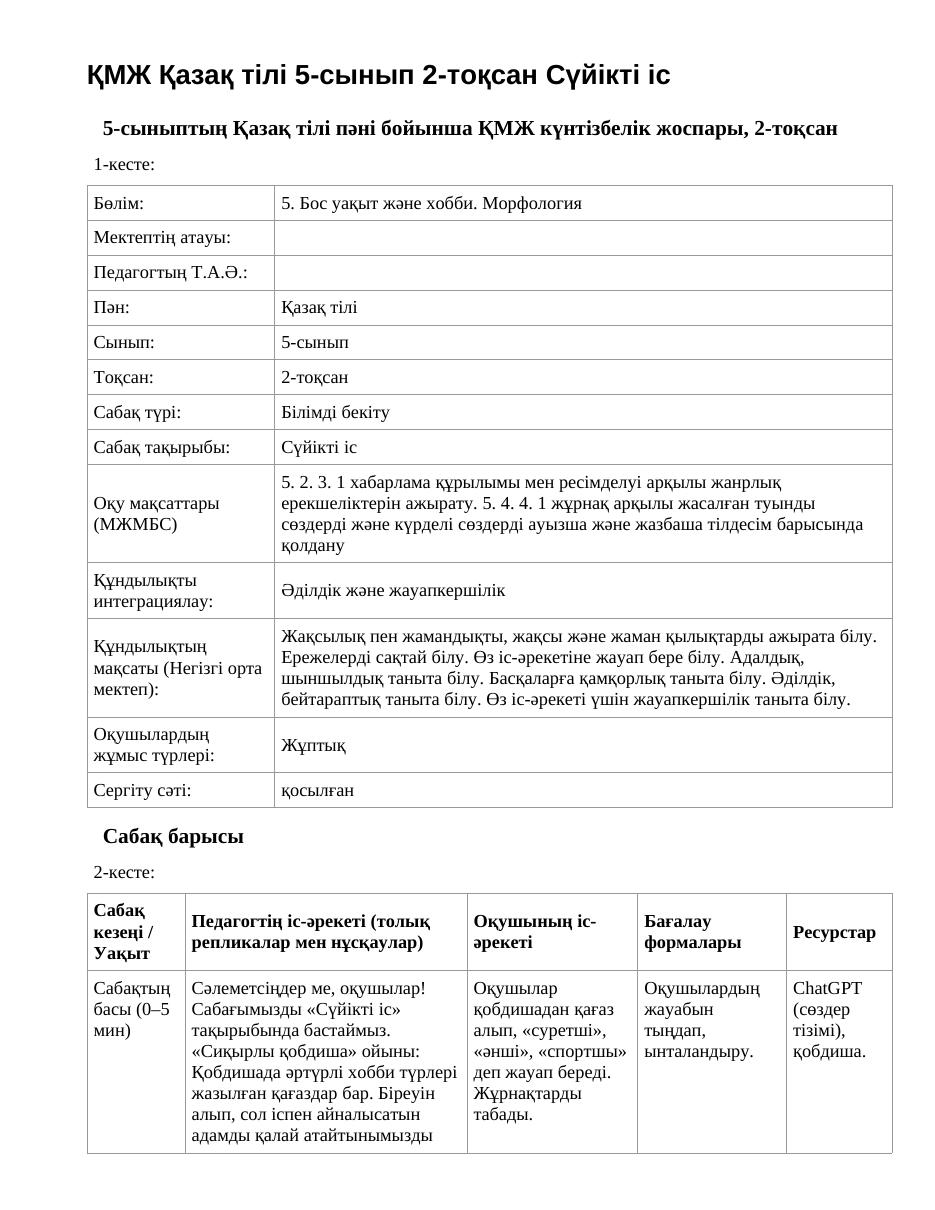 ҚМЖ Қазақ тілі 5-сынып 2-тоқсан Сүйікті іс